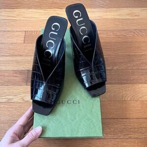 Gucci Black Leather Croc Embossed Mules Sz 39